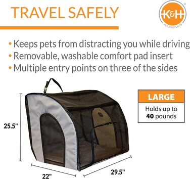 K&H PET Products дорожня сумка-бокс для великих собак, переноска для авто, сірий/чорний, 74x55x65 см