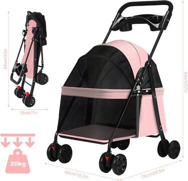 Kamulouk Візок для собак з 4 колесами, туристичний, для вигулу домашніх тварин, з тримачем для напоїв, універсальний для котів та собак, з дихаючою сіткою, для середніх та маленьких собак (Рожевий)