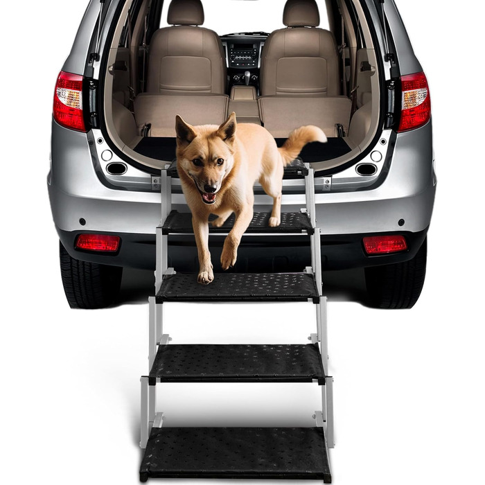 Сходинка для собак у машину – широка, складна, з антиковзким покриттям, для авто, SUV, вантажівок, витримує до 113 кг, 5 сходинок, срібна