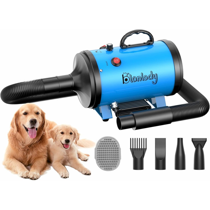 Фен для собак Blower - тихий, 4.5 PS / 3200W, регулювання швидкості, 4 насадки, синій