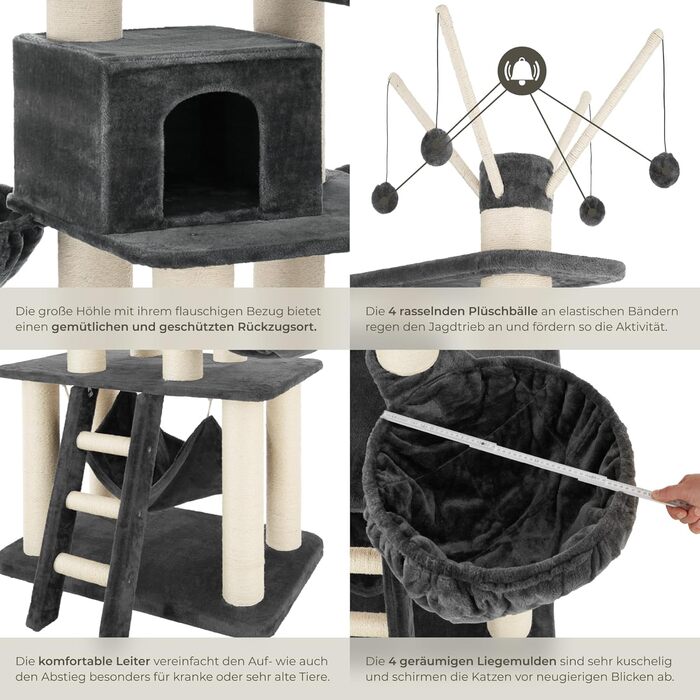 Дерев'яний комплекс для котів Tectake XXL, 195 см, з гамаком, сходами, печерею та когтеточками з сизалю, сірий/білий | 403327