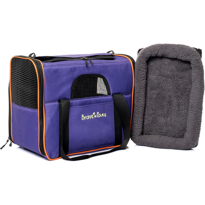 Транспортна сумка для котів та собак Brave Paws, міцна, зручна, дихаюча, з безпечним замком та складною мискою (фіолетова)