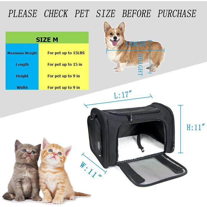 Сумка-переноска для собак середніх та маленьких порід, чорна, складна, розмір M, схвалена авіаперевізниками