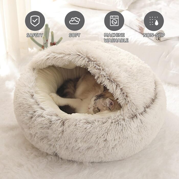 Кругла лежанка-будиночок для котів та собак, м'який плюш, з капюшоном, 60x60 см, колір кавовий