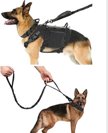 Тактичний нашийник для собак з ручкою та повідок, військовий стиль, м'яка підкладка, нейлон, регульований, для середніх та великих собак, чорний P7-L