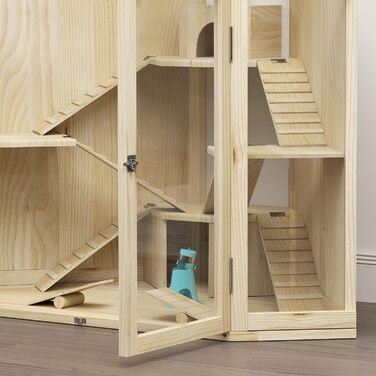 Клітка для хом'яків PawHut з дерева, 4 рівні, будиночок, гойдалка, годівниця, рампи, клітка для дрібних тварин, підходить для хом'яків та мишей, 115 x 69,5 x 79 см