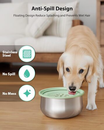 Миска для води для собак Stouchi, не розливається, нержавіюча сталь, велика місткість, повільний диспенсер води, антиковзаюча, для подорожей, зелений колір