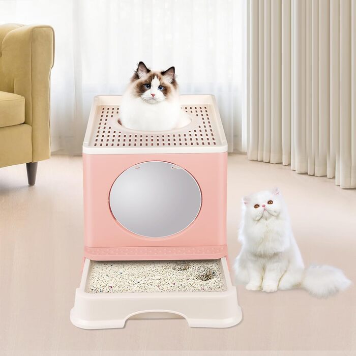 Домашній туалет для котів Homewell з кришкою і лопаткою, дизайнерський котячий туалет-комод, багатофункціональний зручний аксесуар для котів, 45x34x39 см, рожевий, модель 3