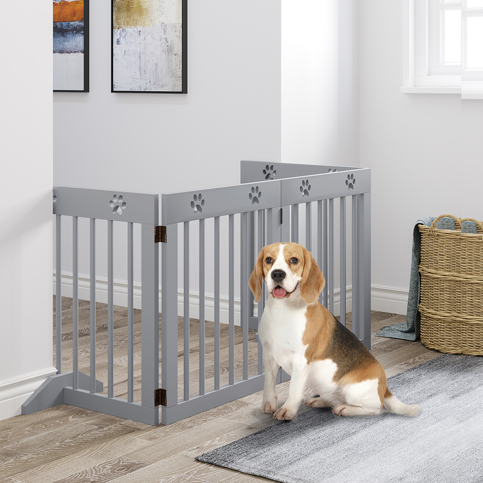 PawHut Barrier Dog 4 частини, 204 x 61 см складні ворота з 2 опорними ніжками, окремо стоячий щиток для собаки, дерев'яні сходові ворота для передпокою, сходи, світло-сірий | Аосом