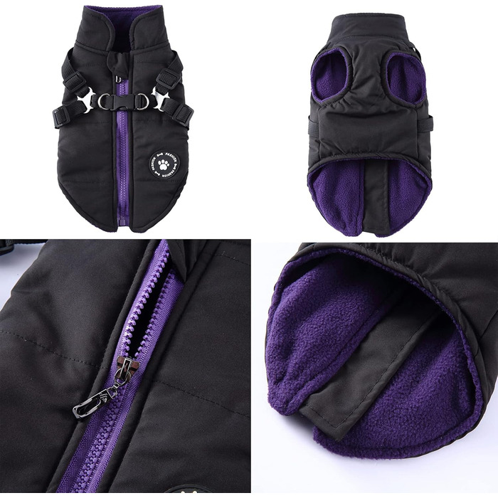Зимові куртки, жилети та шлейки для собак, чорний колір (M). Куртки 2-в-1, без тягнучки, підходять для цуценят, собак маленьких та середніх порід.