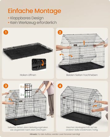 Клітка для собак Feandrea, 120 x 72,5 x 109 см, металева, XXL, для великих собак, з подвійною дверцятами, чорна, PPD015B01