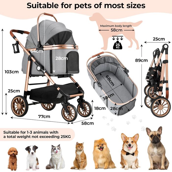 Візок для собак MAMIZO 4-в-1, до 25 кг, з амортизаторами, складний, для котів та собак (сірий)
