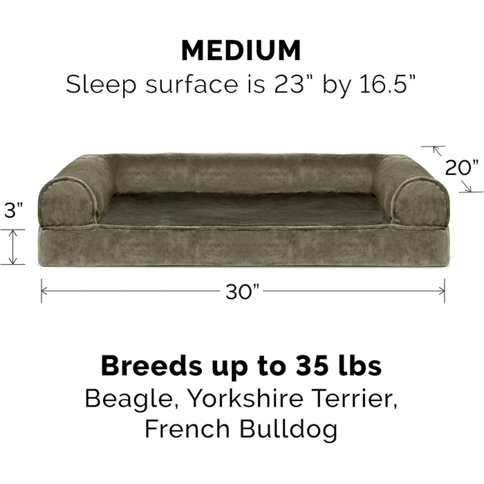 Ліжко для собаки Furhaven середнє з ортопедичним матрацом Memory Foam, штучне хутро і велюр, диван-стиль, знімний та праний чохол, темно-зелений
