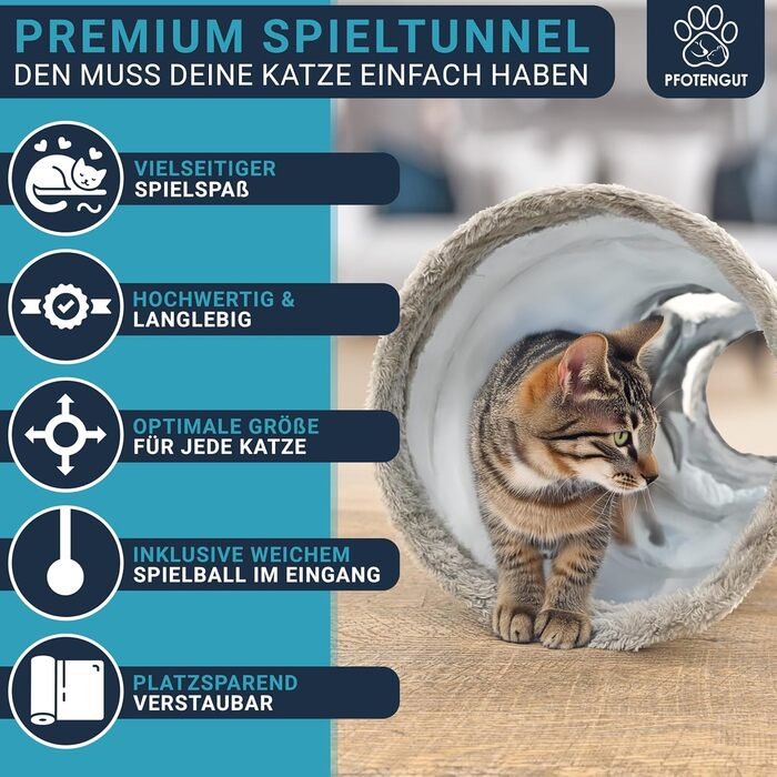 Ігровий тунель для котів PFOTENGUT XXL 115 см, міцний тунель з іграшкою та кількома отворами, для великих і малих котів
