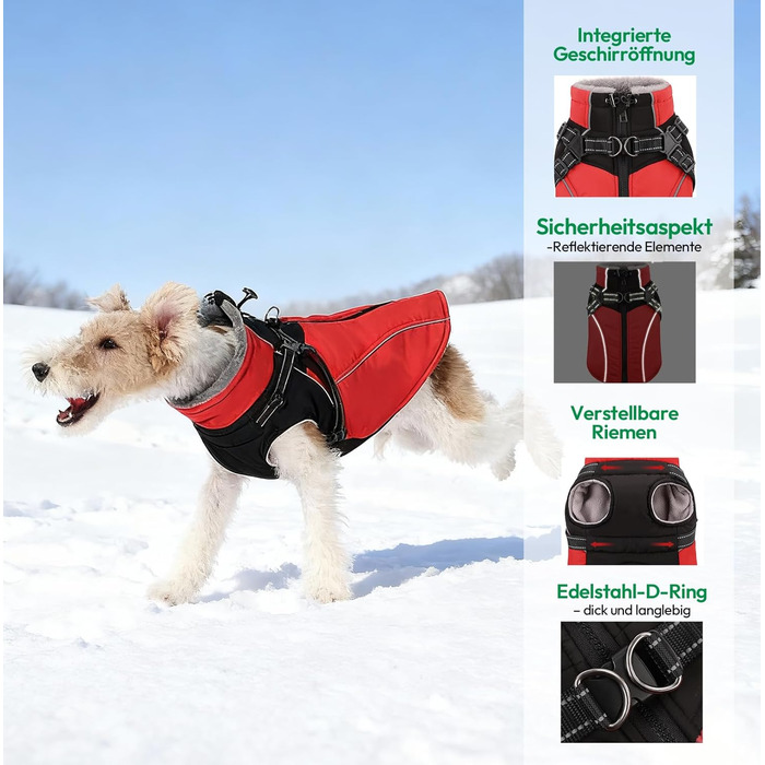 Водонепроникний зимовий одяг для собак великих порід, з кріпленням для повідка, флісова підкладка, світловідбиваючі елементи (XXL), червоний