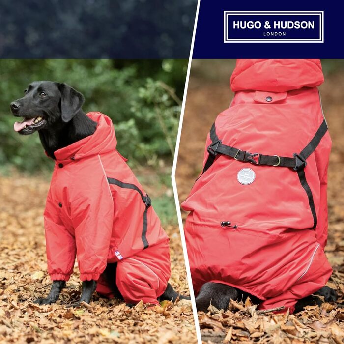 Зимовий теплий костюм-куртка для собак Hugo & Hudson, червоний, розмір L55, вітронепроникний, з капюшоном та пряжками для повідця