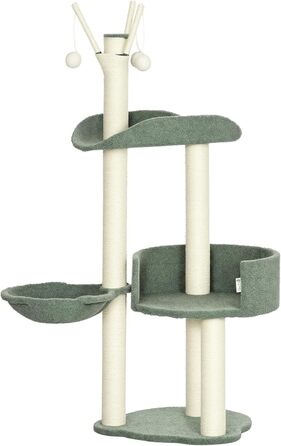 Дерев'яний будиночок для котів PawHut 123H - когтеточка, ліжко, іграшки, сизаль, плюш, кремово-білий+зелений