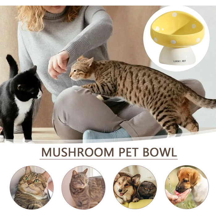 Миска для котів, 200 мл, мила форма гриба, кераміка, піднята миска, миски для котів, плоский вус, дружня миска для тварин, проти блювоти, піднята миска для корму (Жовта)
