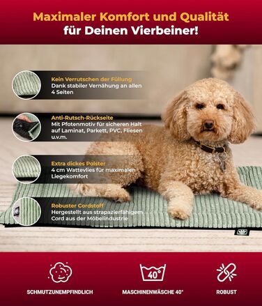 Килимок для собак HS-Hundebett® з підкладкою Cord, XS – антиковзаюча поверхня, м'яка ковдра для собак, комфортне місце для відпочинку – виготовлено в Німеччині (зелений, 65x95 см)