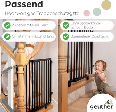 Захист для сходів Geuther Oris | Дверний захист для сходів з кріпленням, 2 клямки для поручнів, ширина, стабільне дерев'яне дитяче ворота, натуральний лак (чорний, 95-135 см)
