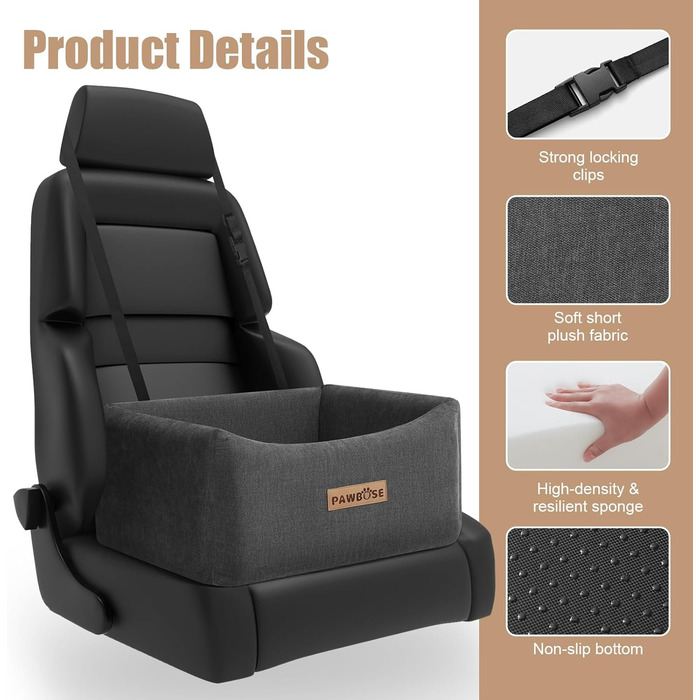 Автокрісло для собак середніх порід до 15 кг з ременем безпеки, сіре, знімний та миючий чохол