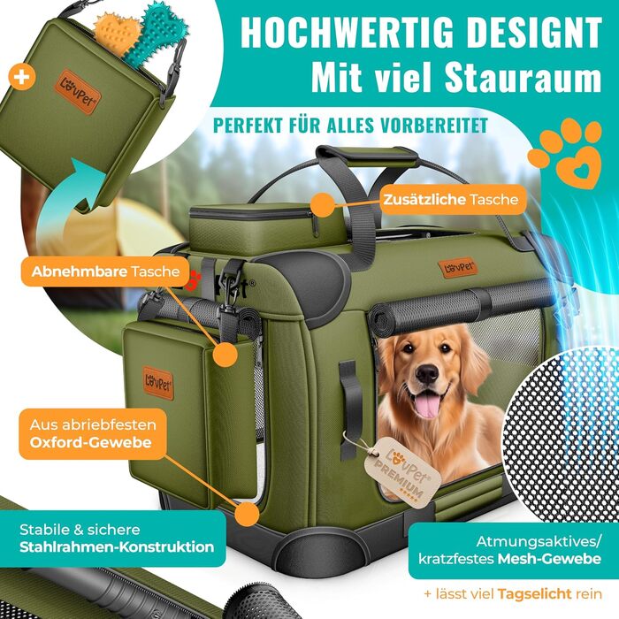 Транспортна переноска для собак та котів M 60x42x44см | Переноска для тварин Khaki | З мискою та плечовим ременем