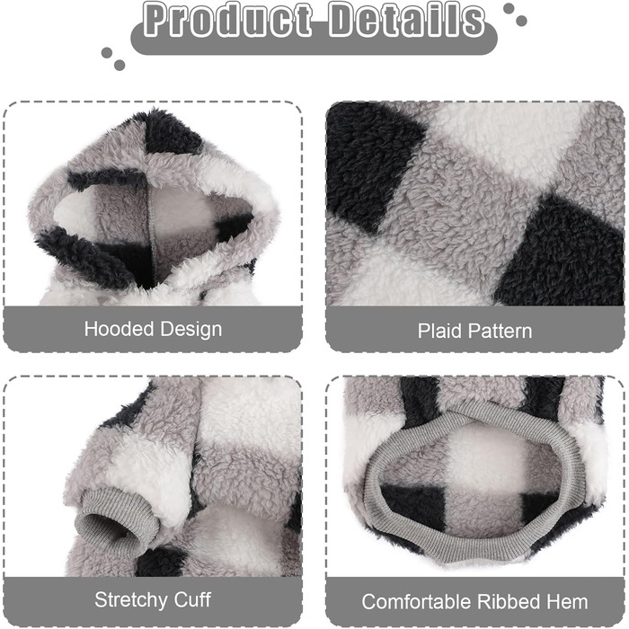 Теплий флісовий світшот для собак, одяг для маленьких собак, теплий, для цуценят, чихуахуа, одяг для чихуахуа, йоркширського тер'єра, котячий одяг (розмір) (XX-Small, чорний у клітинку)