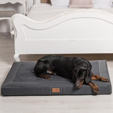 Ортопедичний лежак для собак Tierlando® Oscar VIP з екошкіри та велюру з віскоеластичною піною, антипролежнева підстилка для собак з неслизьким дном, розмір 120x90 см, колір: графіт