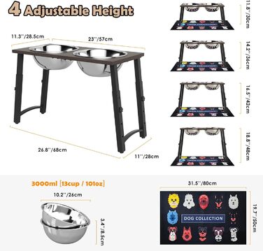 Підвищені годівниці для собак великих та екстра-великих порід, з нековзною підстилкою, об'єм 3000 мл (2 шт.), стабільна годівниця висотою 46 см, коричневого кольору.