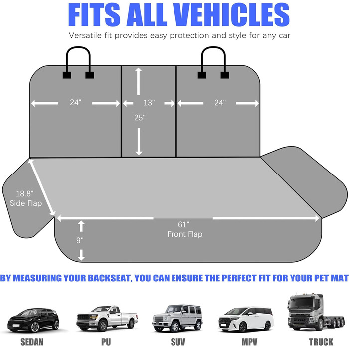 Авточохол на сидіння для собак, задній ряд, 60/40, XL, 155 см, чорний