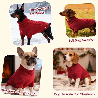 Теплий зимовий пуловер для собак M, червоний. Для Французького бульдога, Шнауцера, Мальтезе, Бічон Фрізе, Бостон Тер'є. Легко прати, в'язаний, з коміром-горловиною.