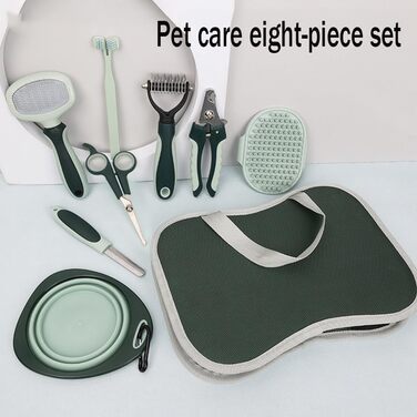 Набір для догляду за тваринами на 8 предметів для собак та котів: щітки від випадання шерсті, ванна щітка, щітка для вичісування, щітка для підшерстка, гребінець від бліх, ножиці для обрізання кігтів, сумка для аксесуарів 21*4*29 см, зелений