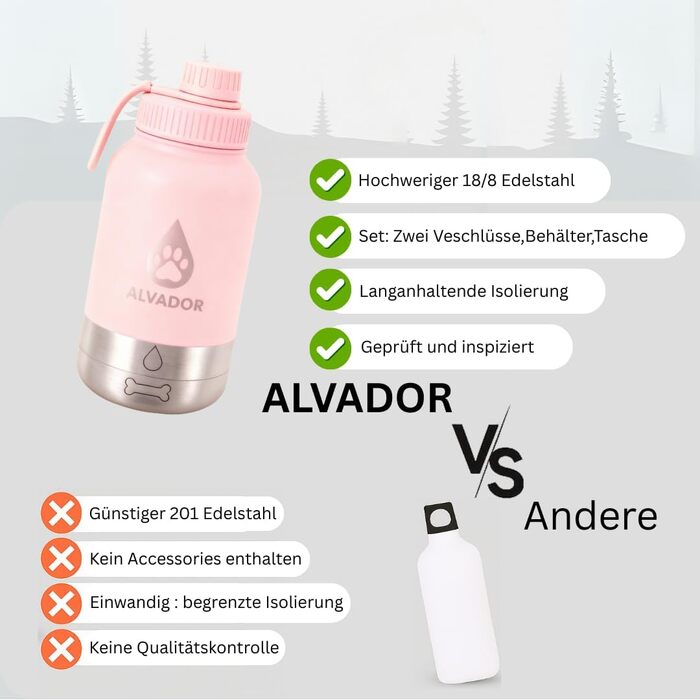 Поїлка для собак на прогулянці 1000 мл з мішечком, 4-в-1 ізотермічна фляга з нержавіючої сталі, не протікає, BPA-free з мисками для води та корму, аксесуари для собак (Рожева)