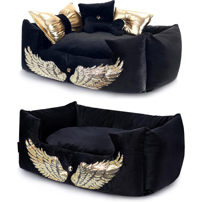 NELKE Розкішне ліжко для собак Glamour-стиль. Чорне ліжко-софа з золотими крилами для маленьких та середніх собак. Знімний, washable (можливість прання)