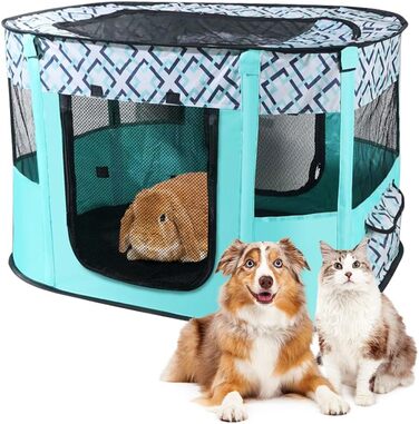 Клітка-забіг для цуценят та собак, розкладна, 70x55x40 см, зелена в клітинку