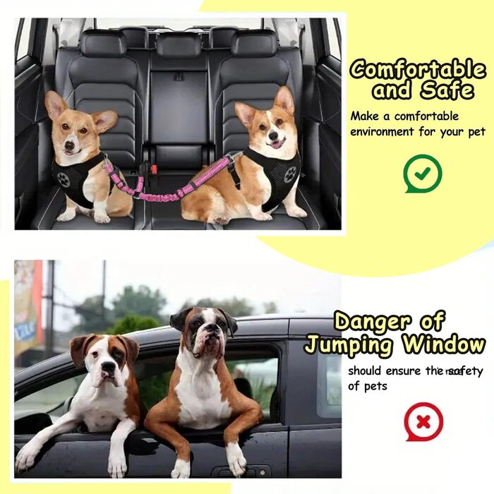 Авторемень для собак у машину, еластичний подвійний авторемень для собак, регульований авторемень для собак (рожевий)