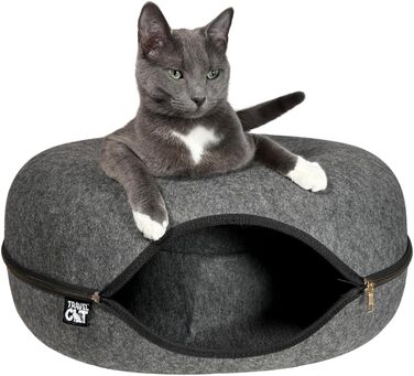 Котяча лежанка-будиночок Reisekatze Donut, преміум, 53,3 см, з фетру, з кігтеточкою та золотистою блискавкою, зручна для котів