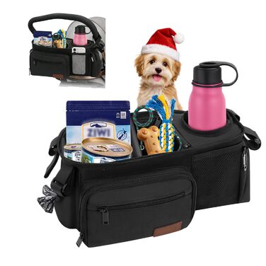 Органайзер для дитячої коляски та собак, сумка-органайзер для аксесуарів для собак з дозатором пакетів для екскрементів, кишенькою для ласощів та тримачем для чашки, сумісний з ручками 35–48 см, подарунок для любителів тварин, чорний