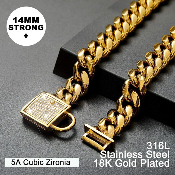 Стильний нашийник для собак Cuban Link, золотистий, з цирконієвою застібкою, ширина 14 мм, довжина 35,6 см