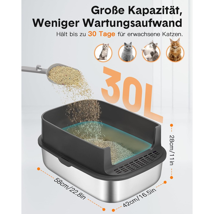 Котячий туалет з нержавіючої сталі Papettly XXL з кришкою, 30 л, знімний високий бортик, килимок для наповнювача, легке очищення, 58x42x40 см