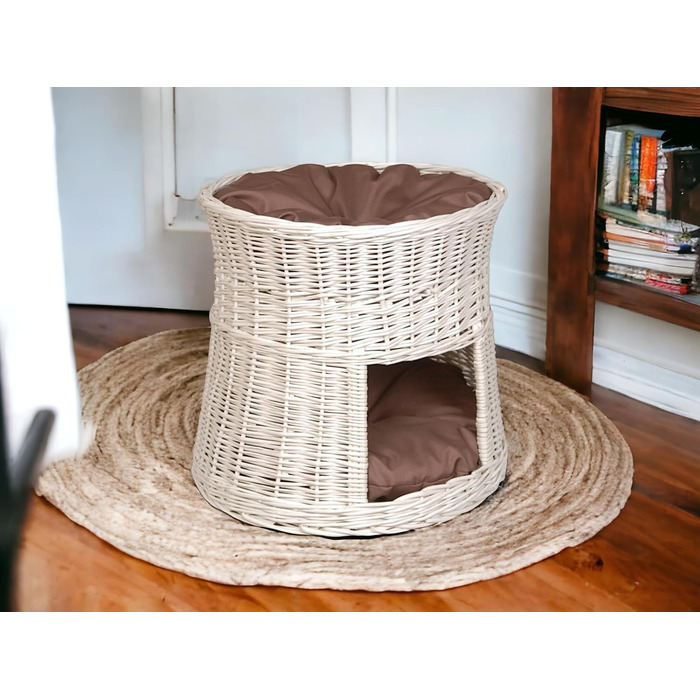 Кігтеточка-будиночок для котів: двоярусне ліжко з плетіння з лози, діаметр 50 см, з подушкою, білий колір