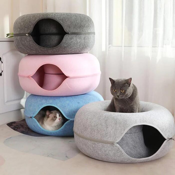 Котяча хатинка-тунель для котів, ігровий комплекс з лежаком, кріпким когтеточкою, знімний тунель, темно-сірий, 60x60x28 см