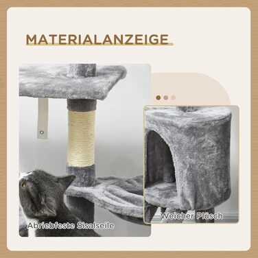 Кігтеточка PawHut для котів, 134,2 см, багатоярусна з печерою, 2 іграшки, сизаль, велика платформа, сходи, сірий+білий