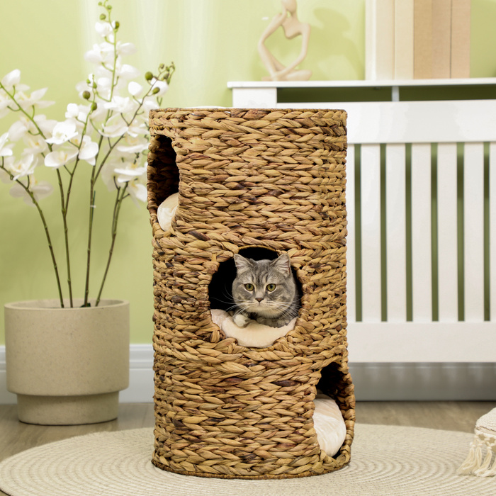 PawHut Scratching Barrel Cat Tower 73см 3 яруси з водяним гіацинтом та сталевою подушкою, світло-коричневий для любителів кішок