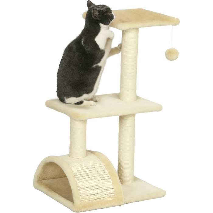 Кігтеточка PawHut для котів 72 см, багатоярусна, з м'ячиками, сизаль, платформа, для середніх котів, кремово-білий