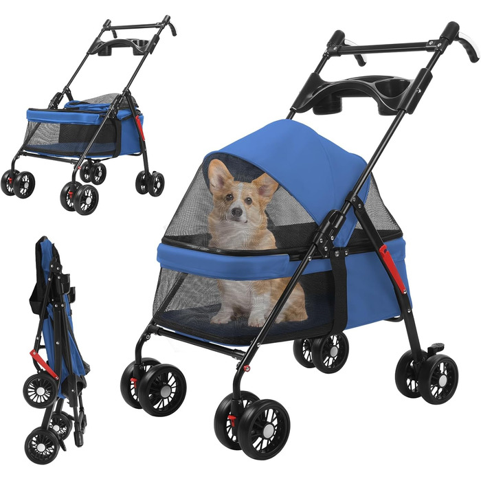 Легкий та складаний переносний візок для собак, блакитний. З сонцезахистом, гальмами та місцем для зберігання (до 10 кг)
