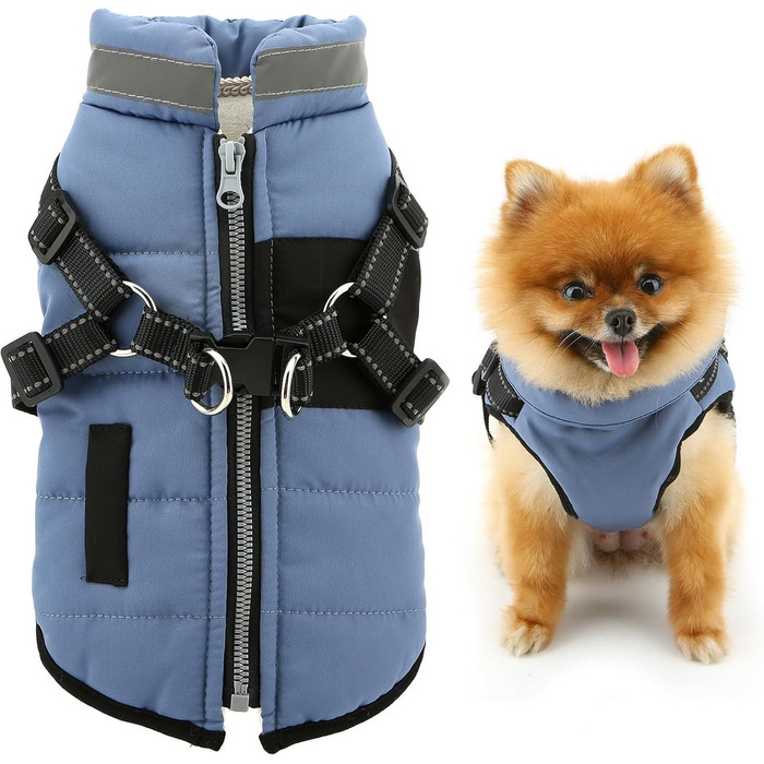 Теплий зимовий одяг для собак та котів - флісова куртка з повдком, D-подібним кільцем, світловідбиваючими елементами, для чихуахуа, йоркширського тер'єра (блакитний, XS)