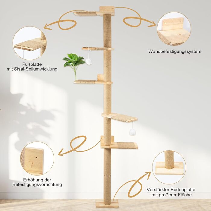 Кігтеточка для котів Youyijia 206 см з натурального каучукового дерева, 5 ярусів, настінна, з розширеною основою, плюшевими кульками, 360° обертання, XXL кігтеточка для котів