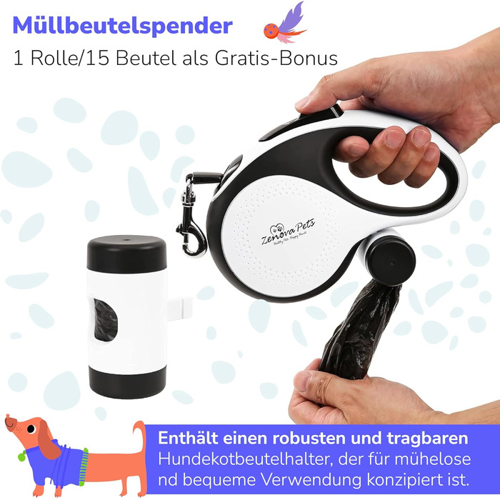 Рулетка для собак Zenova Pets 5м з тримачем для відходів, нейлоновий поводок 360°, антиковзний руків'я та кнопка швидкого гальмування. Підходить для собак великих, середніх та малих порід до 30 кг