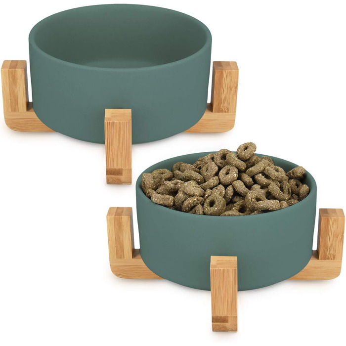 Набір мисок для котів та собак Navaris 2 шт. з підставкою - годівниця для тварин, керамічні миски, зелений колір